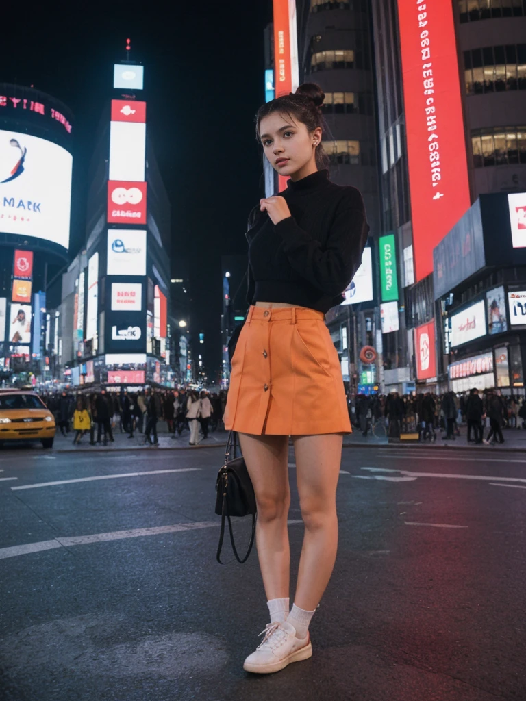 her name is Amelie, high quality, 1girl, ((20-year-old fit Caucasian woman)), ((20 years old)), ((fit)), ((Half-Up Bun dark hair)), pose: standing, wearing stylish fashionable Generation-Z modern wear colored, BACKGROUND:"In Shibuya Crossing, with neon lights illuminating the bustling intersection and towering advertisements."