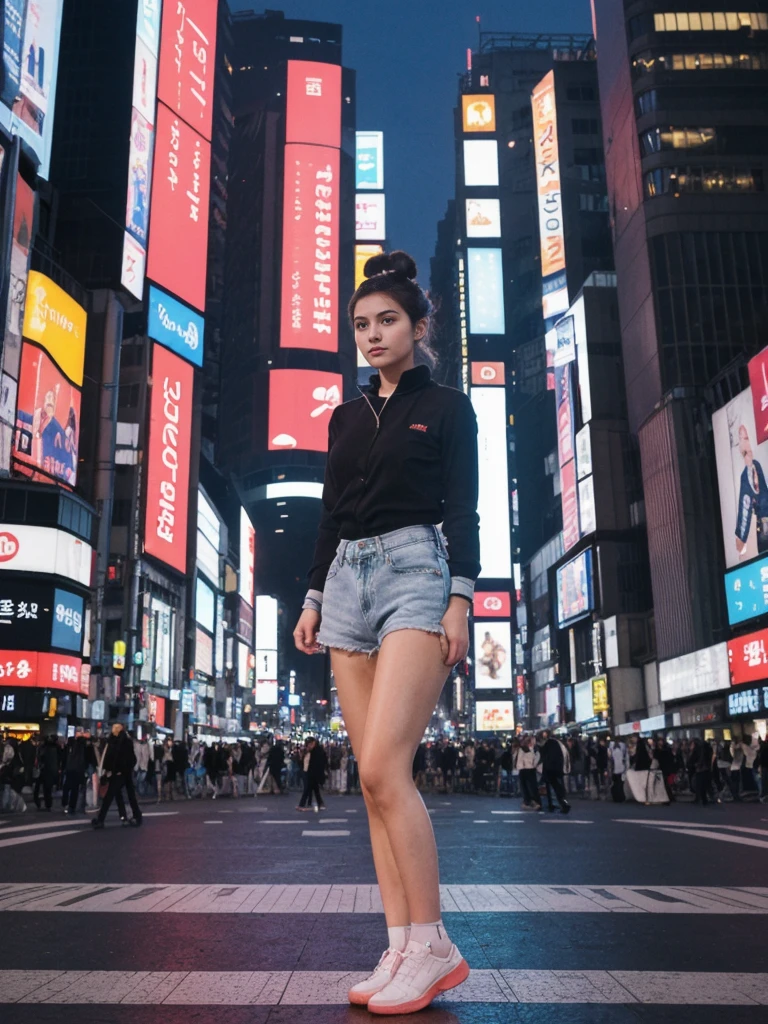 her name is Amelie, high quality, 1girl, ((20-year-old fit Caucasian woman)), ((20 years old)), ((fit)), ((Half-Up Bun dark hair)), pose: standing, wearing stylish fashionable Generation-Z modern wear colored, BACKGROUND:"In Shibuya Crossing, with neon lights illuminating the bustling intersection and towering advertisements."