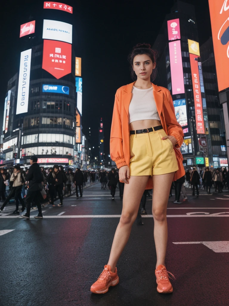 her name is Amelie, high quality, 1girl, ((20-year-old fit Caucasian woman)), ((20 years old)), ((fit)), ((Half-Up Bun dark hair)), pose: standing, wearing stylish fashionable Generation-Z modern wear colored, BACKGROUND:"In Shibuya Crossing, with neon lights illuminating the bustling intersection and towering advertisements."