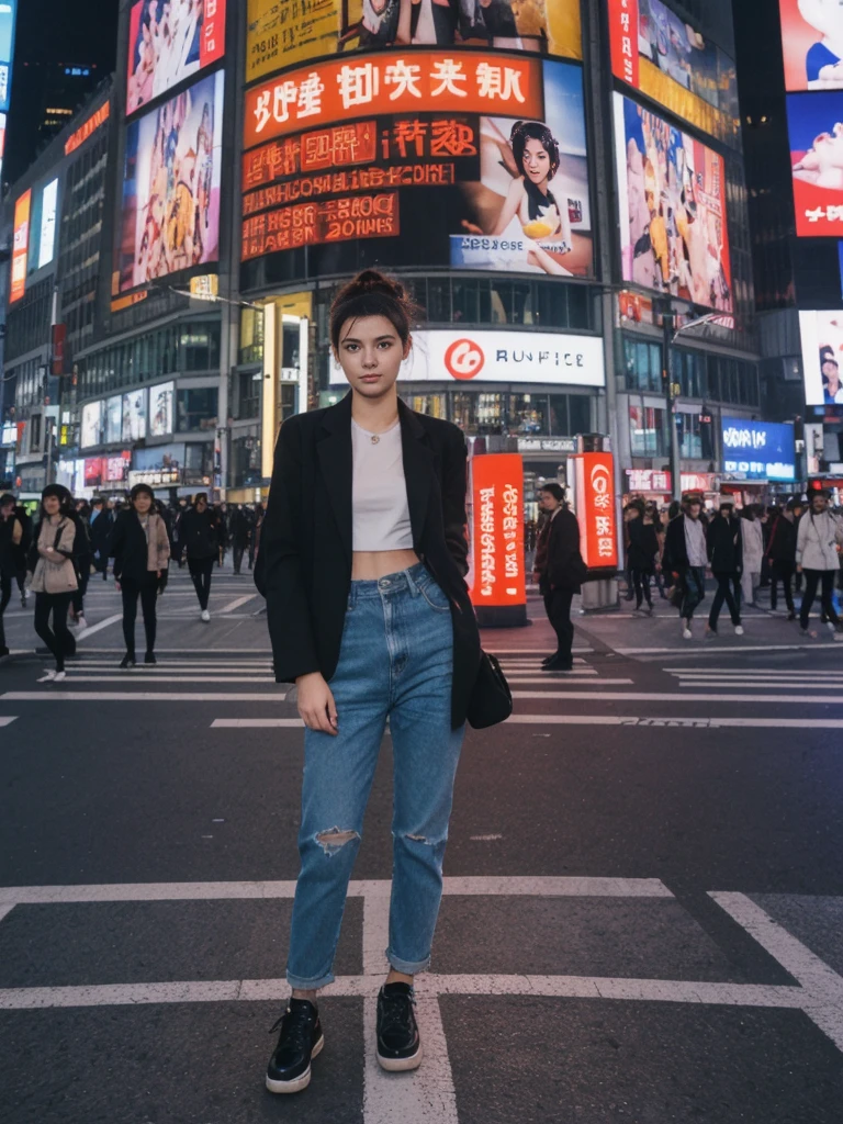 her name is Amelie, high quality, 1girl, ((20-year-old fit Caucasian woman)), ((20 years old)), ((fit)), ((Half-Up Bun dark hair)), pose: standing, wearing stylish fashionable Generation-Z modern wear colored, BACKGROUND:"In Shibuya Crossing, with neon lights illuminating the bustling intersection and towering advertisements."