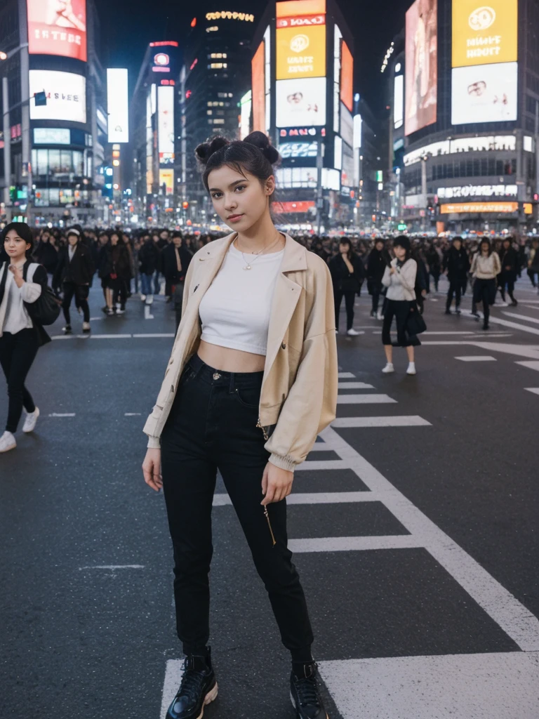 her name is Amelie, high quality, 1girl, ((20-year-old fit Caucasian woman)), ((20 years old)), ((fit)), ((Half-Up Bun dark hair)), pose: standing, wearing stylish fashionable Generation-Z modern wear colored, BACKGROUND:"In Shibuya Crossing, with neon lights illuminating the bustling intersection and towering advertisements."