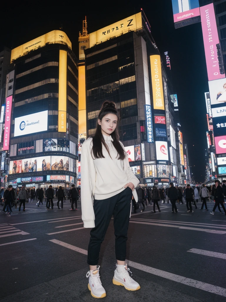 her name is Amelie, high quality, 1girl, ((20-year-old fit Caucasian woman)), ((20 years old)), ((fit)), ((Half-Up Bun dark hair)), pose: standing, wearing stylish fashionable Generation-Z modern wear colored, BACKGROUND:"In Shibuya Crossing, with neon lights illuminating the bustling intersection and towering advertisements."