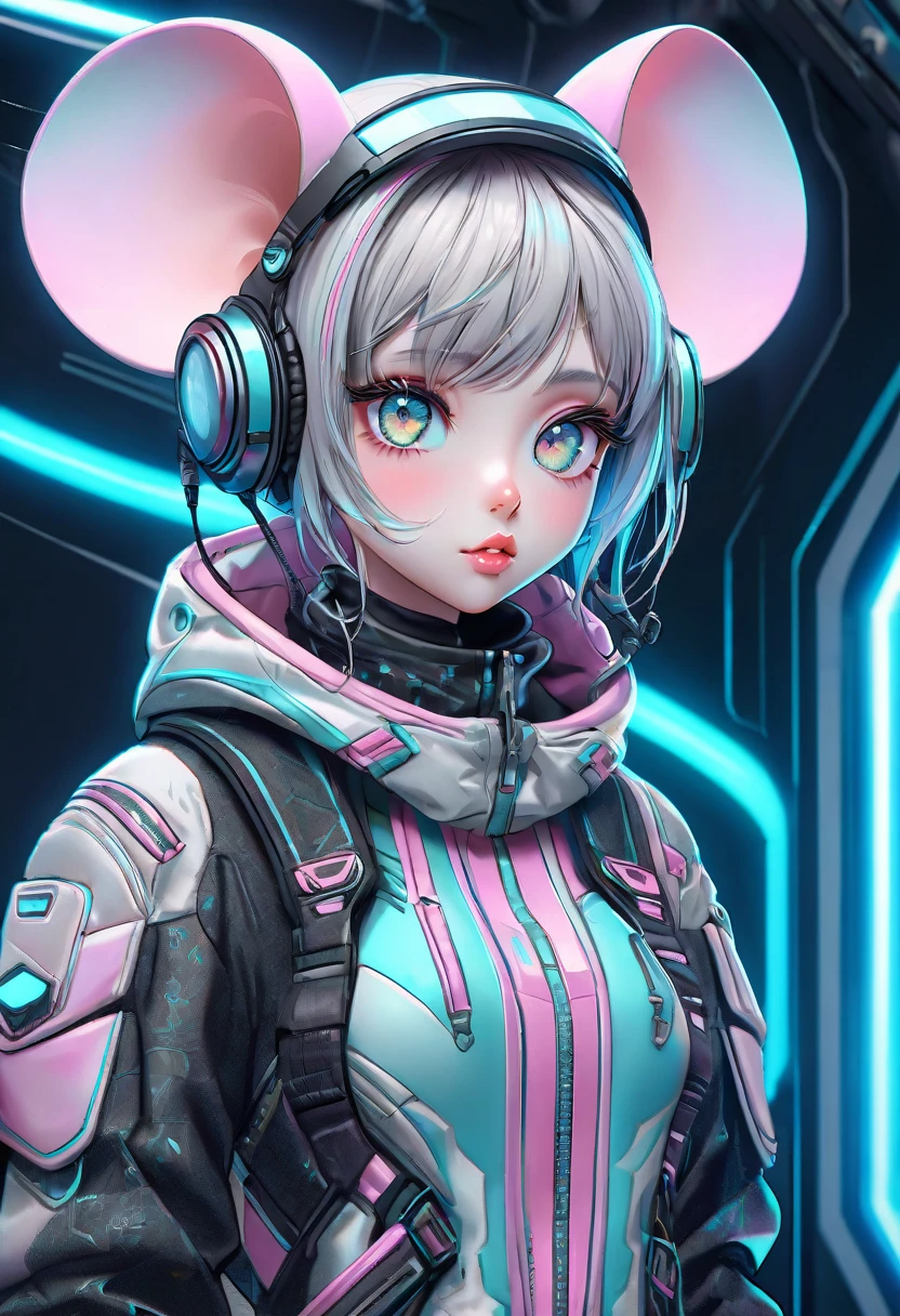 cute pastel mouse girl in futuristic techwear, beautiful detailed eyes, beautiful detailed lips, extremely detailed face and features, 1girl, cinematic lighting, standing pose, intricate details, ornate design, high fashion, concept art, vibrant colors, digital art, 8k, photorealistic, hyper detailed