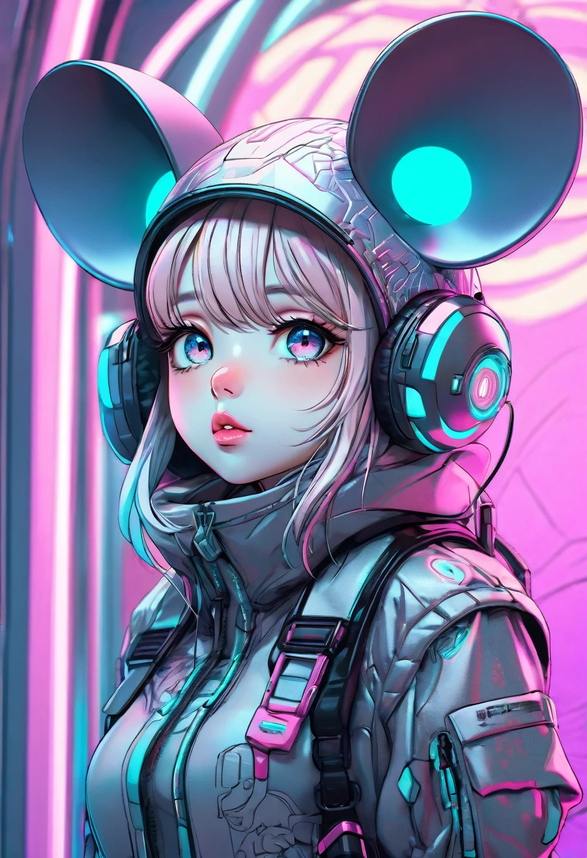 cute pastel mouse girl in futuristic techwear, beautiful detailed eyes, beautiful detailed lips, extremely detailed face and features, 1girl, cinematic lighting, standing pose, intricate details, ornate design, high fashion, concept art, vibrant colors, digital art, 8k, photorealistic, hyper detailed