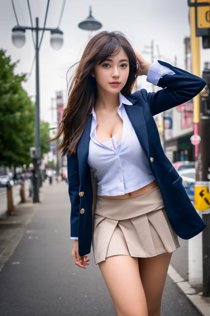 a 17 year old girl, she is the most beautiful actress in the world, the perfect body proportions of this girl, her upper body with it's large breasts are covered 100% by the shirt under the blazer, her crotch between her bare legs are hidden just 99% by short skirt, the blazer is firmly closed and buttoned up on her waist, it's only one description of one body, it's from right above her head to right below her shins are within frame, all her body is looking forward to viewer, she is standing at the city street, nsfw, best quality, highly detailed, masterpiece, ultra high res, photo realistic, 8k, RAW photo