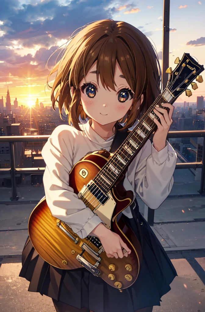 yuihirasawa, Yui Hirasawa, short hair, Brown Hair, hair ornaments, (Brown eyes:1.5),blush,smile,White oversized sweater, Black pleated skirt,White Pantyhose,short boots,Hair Clip,guitar(Gibson Les Paul)Flip、smile、Overlooking the city from the top of the hill、Beautiful sunset、風が強い
break otdoors, ,
break looking at viewer, (Cowboy Shot:1.5),
break (masterpiece:1.2), Highest quality, High resolution, unity 8k wallpaper, (shape:0.8), (Beautiful and beautiful eyes:1.6), Highly detailed face, Perfect lighting, Highly detailed CG, (Perfect hands, Perfect Anatomy),
