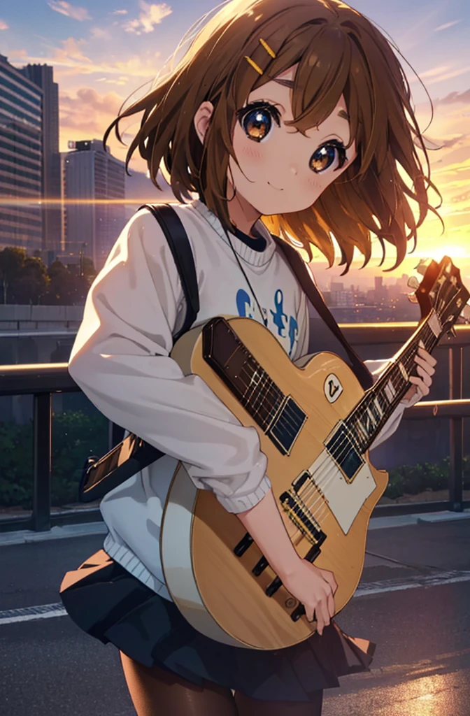 yuihirasawa, Yui Hirasawa, short hair, Brown Hair, hair ornaments, (Brown eyes:1.5),blush,smile,White oversized sweater, Black pleated skirt,White Pantyhose,short boots,Hair Clip,guitar(Gibson　Les Paul)Flip、smile、Overlooking the city from the top of the hill、Beautiful sunset、風が強い
break otdoors, ,
break looking at viewer, (Cowboy Shot:1.5),
break (masterpiece:1.2), Highest quality, High resolution, unity 8k wallpaper, (shape:0.8), (Beautiful and beautiful eyes:1.6), Highly detailed face, Perfect lighting, Highly detailed CG, (Perfect hands, Perfect Anatomy),