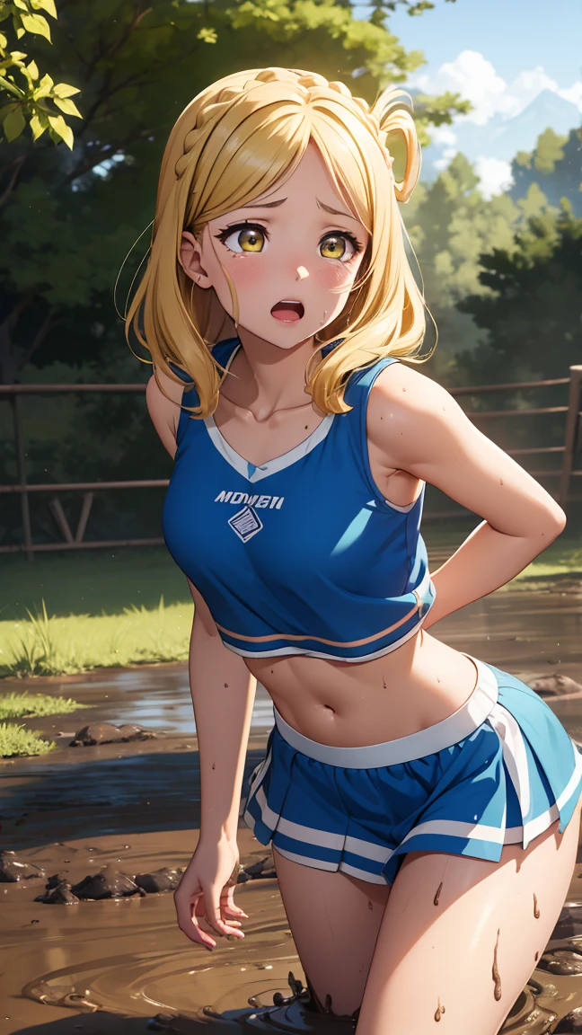 medium breasts, ohara mari, hair rings, blonde hair, yellow eyes, crown braid, medium hair,  (cheerleader:1.2, collarbone, midriff, sleeveless, miniksirt), school field, looking at viewer, cowboy shot, (masterpiece), best quality, high resolution, unity 8k wallpaper, (illustration:0.8), (beautiful detailed eyes), extremely detailed face, perfect lighting, extremely detailed CG, surprised, shocked, tears on her cheeks, (sinking in mud)