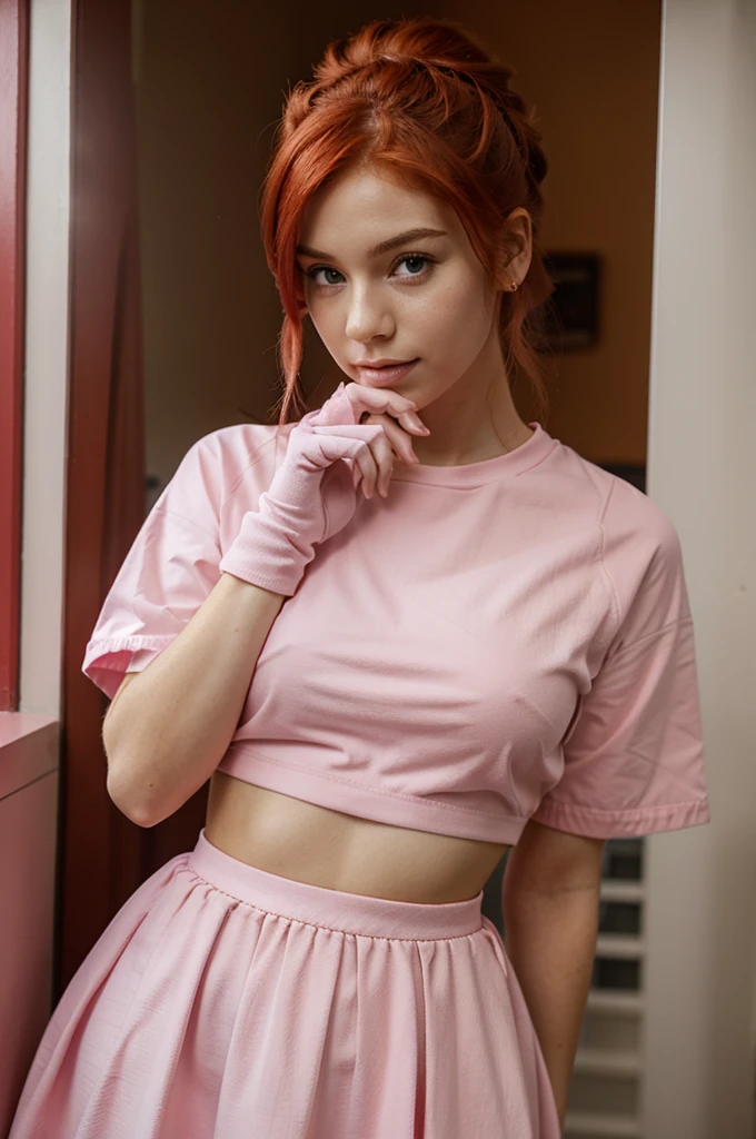 Wearing pink clothes,wear gloves,cute red hair,