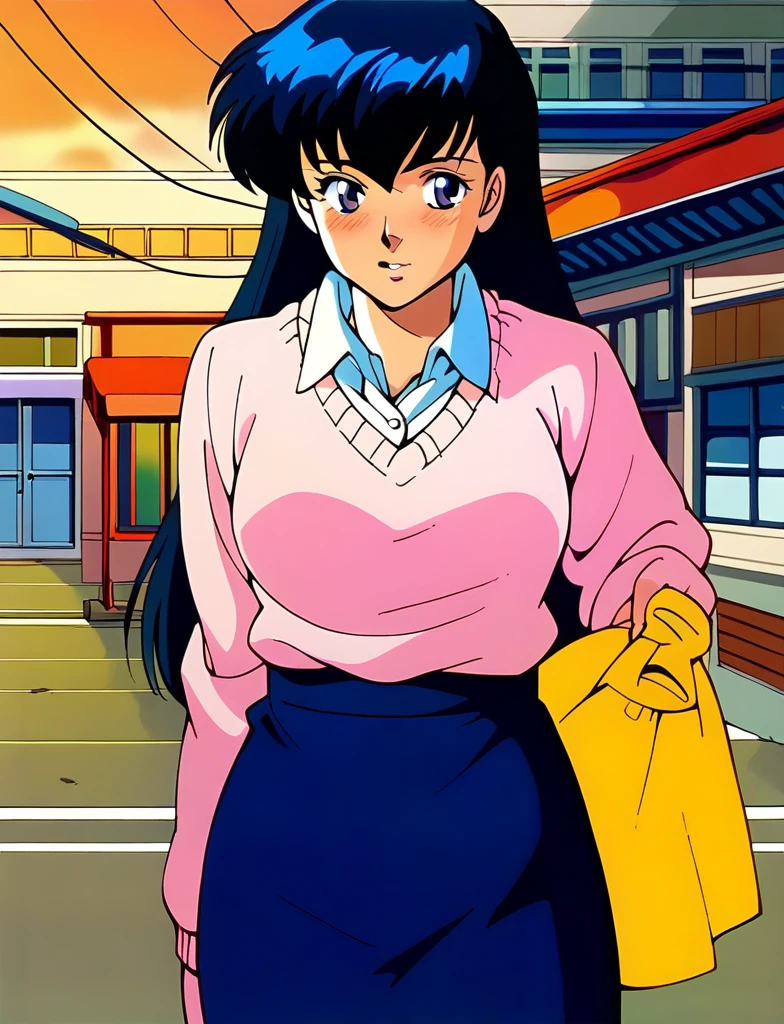 ,Kyoko,score_9,score_8_superior,score_7_superior,sauce_anime,One girl,alone,View your viewers,city,Streetscape of the 1980s,asphalt paved,paved,lamp post,force_line,Orange sky,evening,Pink Sweater,White collared shirt,length_skirt,blue skirt,cowboy_shot,Front view,kneel、face covered in semen、Ecstatic expression、
