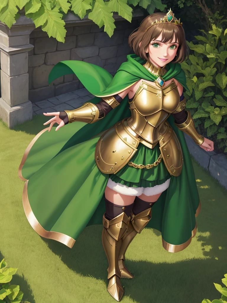masterpiece, best quality:1.2), 1girl, smile, looking at viewer, green eyes, short brown hair, princess, armor, , pauldrons, armored dress, green cloak cape, wearing puffy blue ballgown skirt, golden tiara with green gem, armored boots, fingerless gloves, standing in medieval garden
