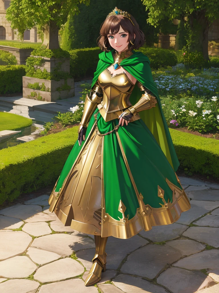 masterpiece, best quality:1.2), 1girl, smile, looking at viewer, green eyes, short brown hair, princess, armor, , pauldrons, armored dress, green cloak cape, wearing puffy blue ballgown skirt, golden tiara with green gem, armored boots, fingerless gloves, standing in medieval garden