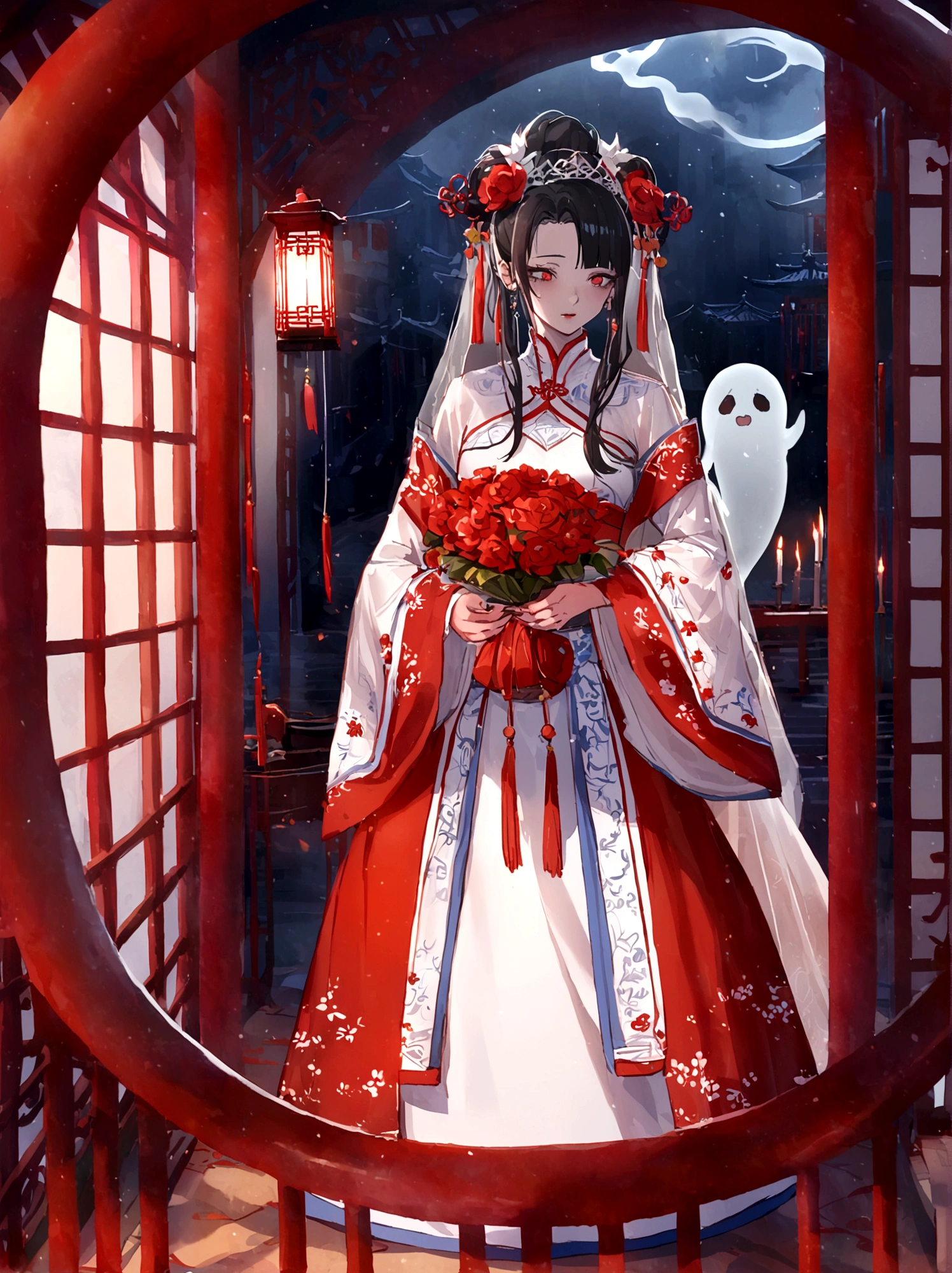 ((Chinese style)),Horror atmosphere,Bride in Red,net,wedding,Ghost Bride,a somber look,Red Lantern,White candles,Chinese Architecture,Black Hair