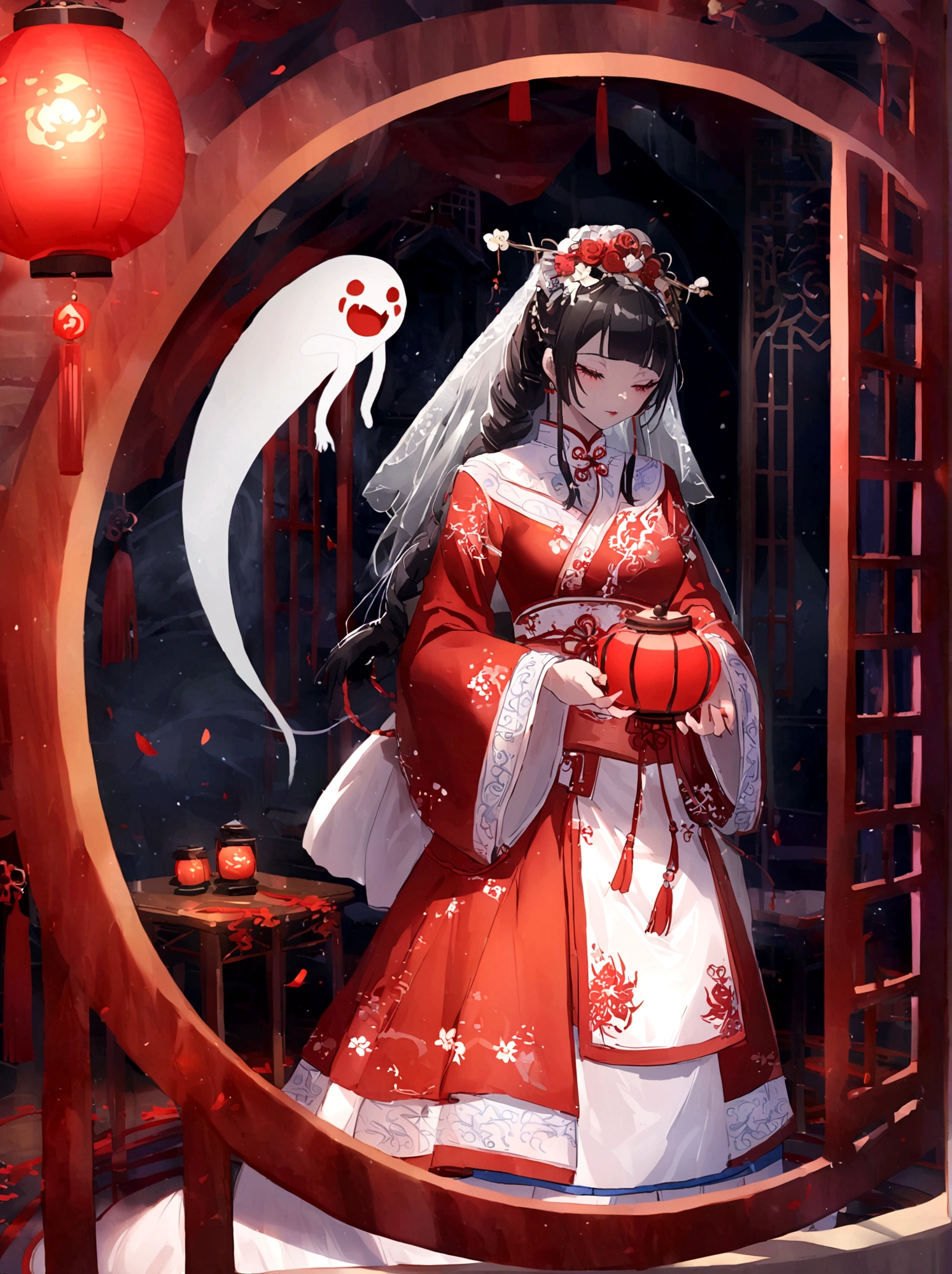 ((Chinese style)),Horror atmosphere,Bride in Red,net,wedding,Ghost Bride,a somber look,Red Lantern,White candles,Chinese Architecture,Black Hair