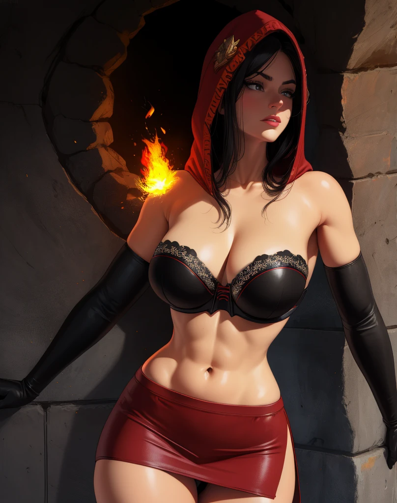 Dsorceress, shadowy face,dark cave, fire, hood, shadowed face, strapless bra, slim and athletic body, miniskirt, no panty, elbow gloves, dark skin, 1 girl (insanely detailed, masterpiece, best quality)