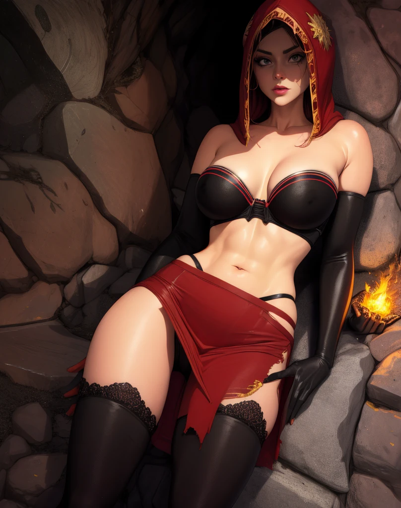 Dsorceress, shadowy face,dark cave, fire, hood, shadowed face, strapless bra, slim and athletic body, miniskirt, no panty, elbow gloves, dark skin, 1 girl (insanely detailed, masterpiece, best quality)