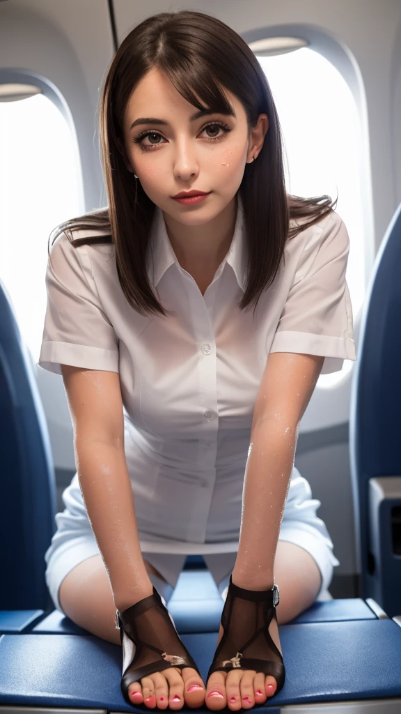 1 flight attendant, solo, , White high heels, White transparent skinny shirt, White mini skirt, masterpiece, The best quality at its best, Realistically, Super detailed, (Glossy Skin, Sweaty:1.4), Absurd, View your viewers, Short black hair, Brown-eyed,thin,Dynamic light and shadow,High resolution,Sharp focus,Depth of written boundary,The eyes are delicate,Sharp pupils,Student,(Round Breasts),(Long legs:1.4),plane，Crouching pose，Black Pantyhose，Cleanliness，livestock，Black Stockings，Cropped shoulders，Toes，