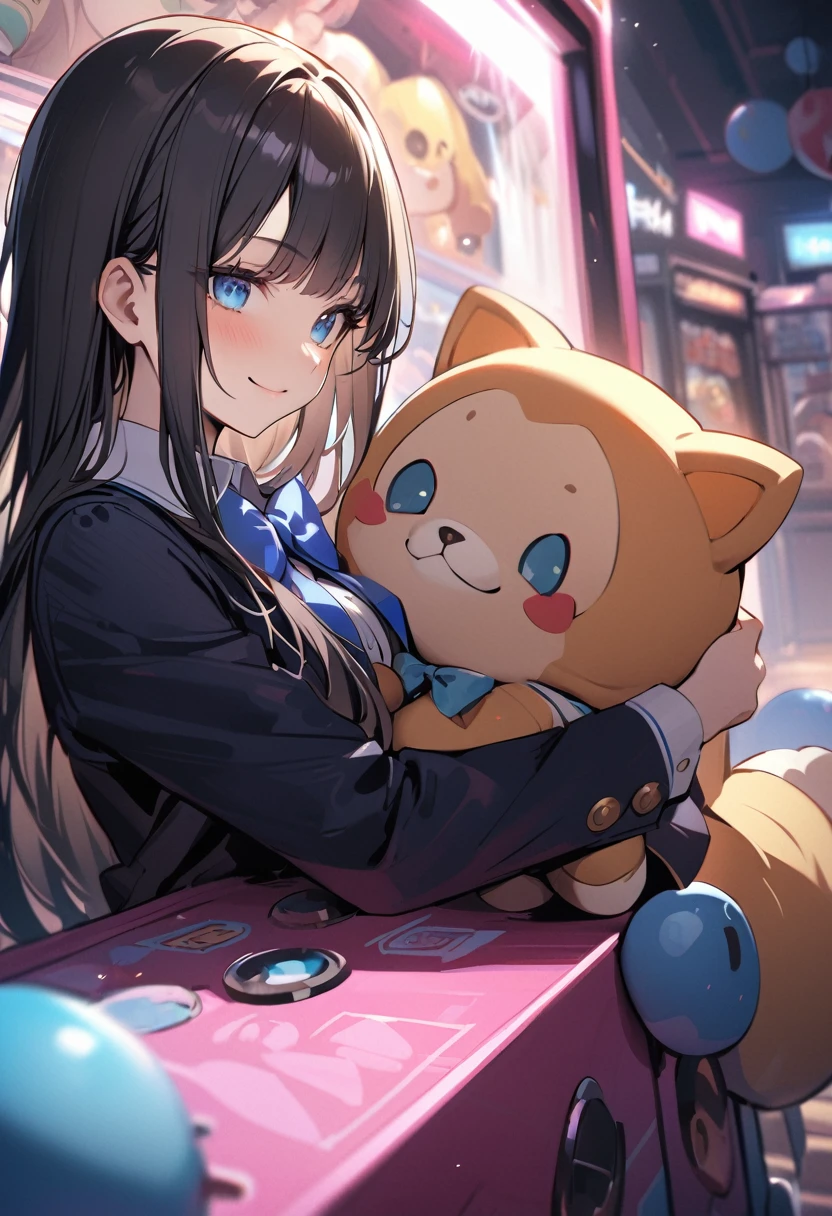 1 girl, long hair, black hair, straight hair, short bangs above brows, blue eyes, closed eyes, smile, hugging object, doll, ω、, 
BREAK (masterpiece), (high resolution 8K), cinematic lighting, professional lighting, detailed eyes and face, detailed body, 
BREAK blazer, blue bowtie, pleated skirt,
BREAK claw machine, arcade