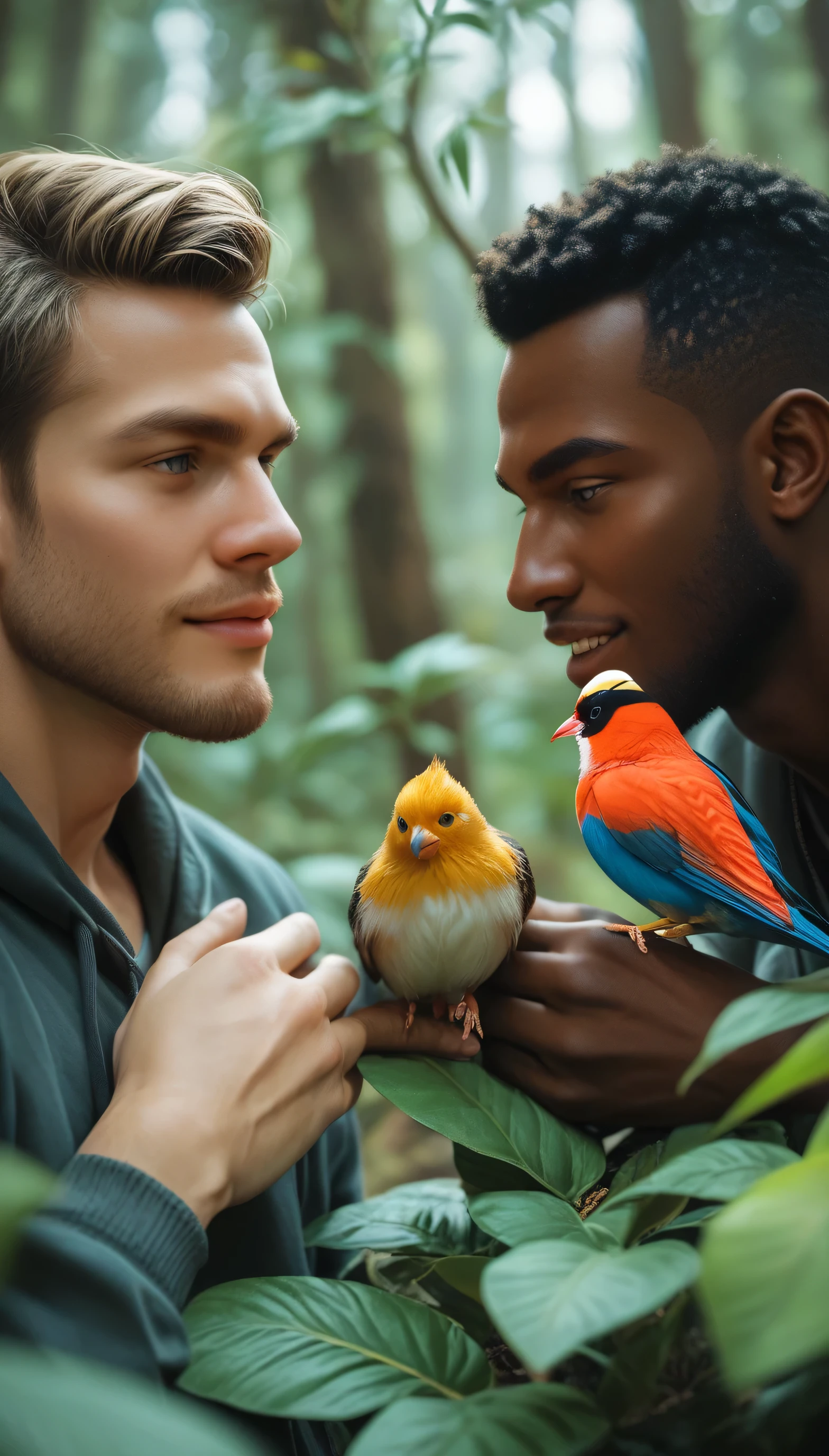 score_9, score_8_up, score_7_up, rating_save , Realistic handsome African men ,Mr. Jonah walks through the forest, marveling at the tall trees, colorful birds, and playful monkeys. The camera captures close-up shots of various plants and animals.