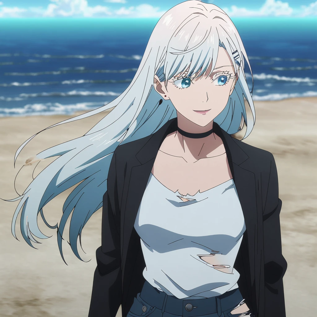 1girl, female gojo satoru, anime screencap from jujutsu kaisen, gojo satoru female version, solo, long_hair, blue eyes, ((white eyelashes)), ((white_hair)), beach view, ocean in background, breasts, upper_body, smile, swept bangs, blue_eyes, lips, (swept bangs) ((hairclip, earrings, black choker, collarbone, white shirt, black jacket, open clothes, torn pants, jeans,)) "very detailed and high resolution" (blue eyes) ((long hair)) ((solo)) ((high resolution)) ((full body)) ((Good quality)) ((high-resolution)) ((best quality)) ((animw screen cap))