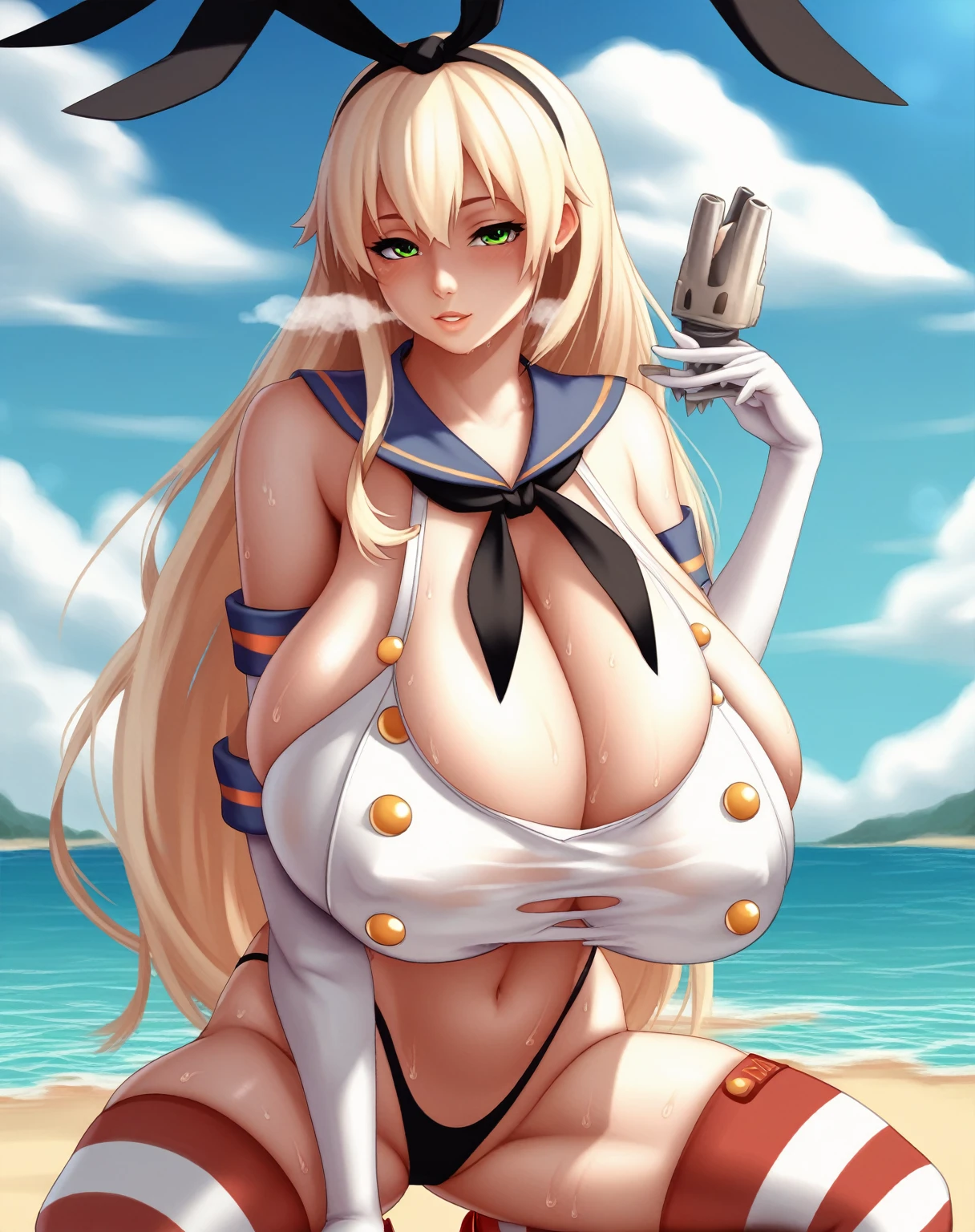 (nsfw,)(atago \(kancolle\),atago (kancolle), blonde hair, green eyes,gigantic breast),((solo girl)),((Perfect body,))((Super beautiful,))((High quality,))((Heavy breathing,sweat, Sweaty and wet all over,)),blush,backlit,shiny glossy,gigantic breast, Looking at Viewer,((Beach side,cowboy shot,)),After sunburn,shyly,(half open eyes,)squatting and straddling,spread legs,((shimakaze costume,shimacos, skirtless,)),