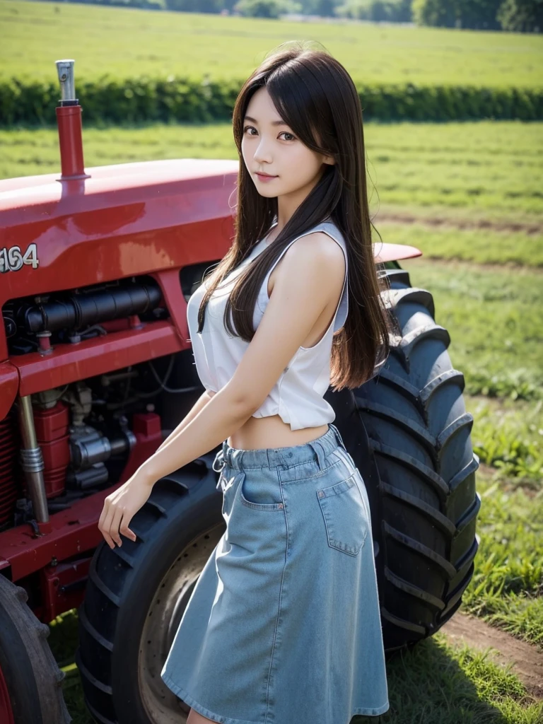 Standing next to a farm tractor、(Highest quality)、((Very detailed))、4K、(8K)、masterpiece、Very detailedな、Highest quality、Super Resolution、1 person、Kind Face、Soft Light、RAW quality、Soft Skin、163cm、30 years old、whole body、Tie your hair back