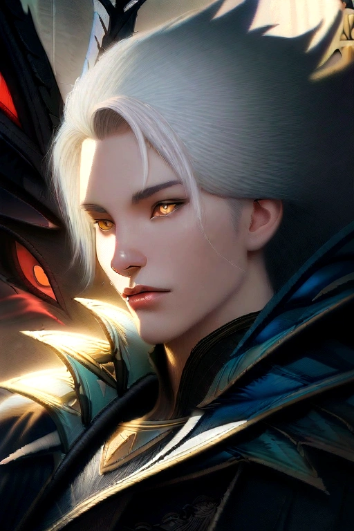 close-up of a man with white hair and yellow eyes, facing the dragon, epic fantasy art style, dark fantasy style art, portrait of fin wildcloak, detailed fanart, Fantasy genre portrait, epic fantasy art portrait, graphic artist magali villeneuve, fantasy male portrait, The Man with the Soul of a Dragon, epic fantasy style art, epic fantasy digital art style