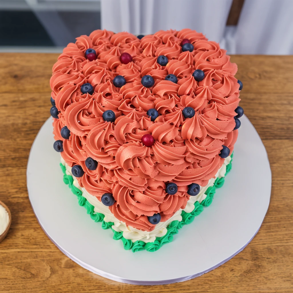 on a wooden table, a cream cake in the form of a heart, the lower part of the cake is made of green cream whirls, a cream layers red white green, cream stars, made of polymer clay, window light, bright lights, soft light, window light, professional lighting, light from the window, neat light, realistic texture, realistic style, detailed texture, high quality, high resolution, high quality rendering, realistic photo, brightning light, macro photo