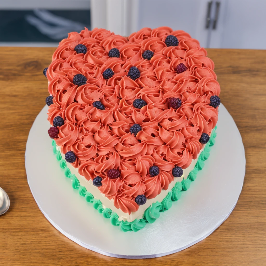 on a wooden table, a cream cake in the form of a heart, the lower part of the cake is made of green cream whirls, a cream layers red white green, cream stars, made of polymer clay, window light, bright lights, soft light, window light, professional lighting, light from the window, neat light, realistic texture, realistic style, detailed texture, high quality, high resolution, high quality rendering, realistic photo, brightning light, macro photo