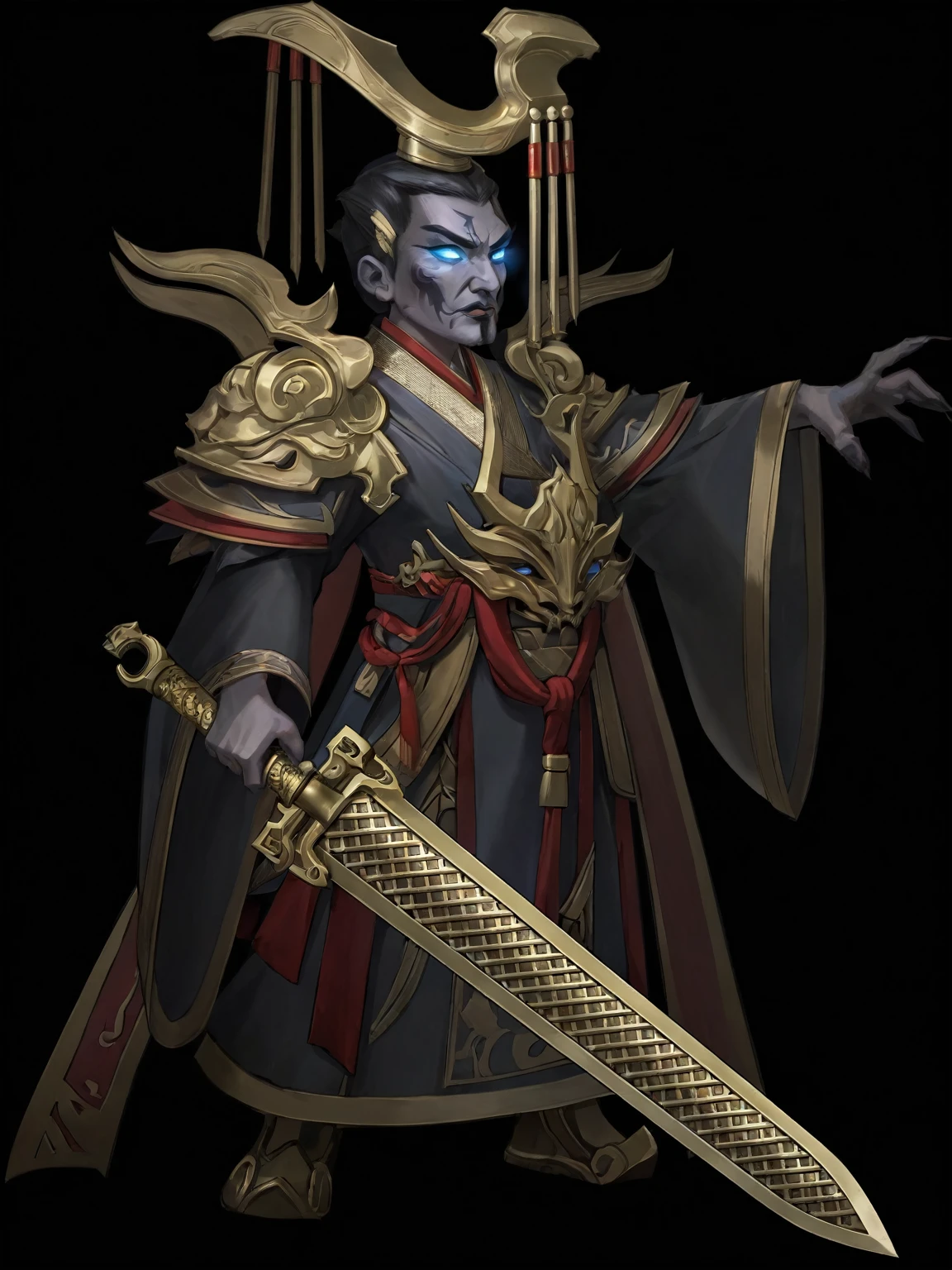 Emperor Qin Shihuang,Abstract Style:1.1, Dark background,Clear focus,Inner Violence,Bright colors,high resolution,Studio Lighting,Extremely detailed description,Physically Based Rendering,fear,Red embellishment,ominous lighting,Threatening expressions,Sinister atmosphere,Powerful and sophisticated weapons, Blood splatter,Smile,Shocking existence,Dramatic shadows.Blue light in the eyes，Bloodless skin，Bronze sword in hand，Bronze rust marks，Zombies，Zombies，hurt，Emperor&#39;s hat。Golden armor，Gray robe clothes，Handsome face