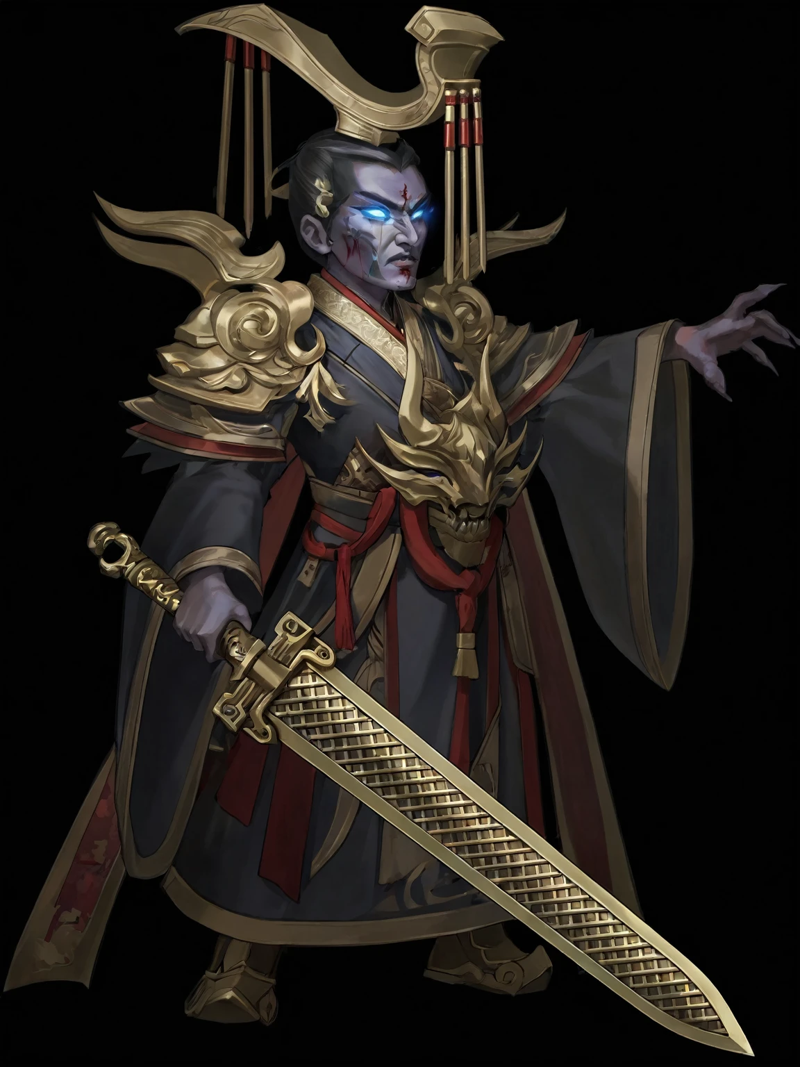 Emperor Qin Shihuang,Abstract Style:1.1, Dark background,Clear focus,Inner Violence,Bright colors,high resolution,Studio Lighting,Extremely detailed description,Physically Based Rendering,fear,Red embellishment,ominous lighting,Threatening expressions,Sinister atmosphere,Powerful and sophisticated weapons, Blood splatter,Smile,Shocking existence,Dramatic shadows.Blue light in the eyes,Bloodless skin,Bronze sword in hand,Bronze rust marks,Zombies,Zombies,hurt,Emperor's hat。Golden armor,Gray robe clothes,Handsome face