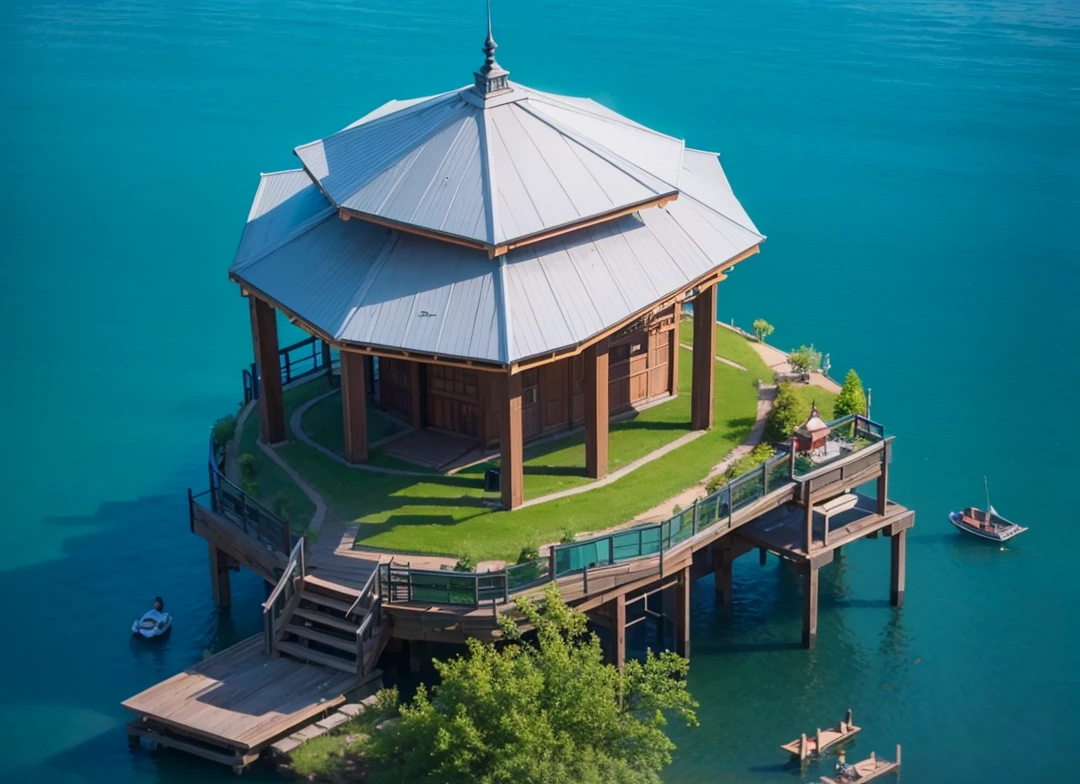 Middle of the lake，There is a small modern pavilion，Modern materials，Metal Material，There is a seating area in the pavilion.，Real material，Ultra-detailed scenes，4K，real picture