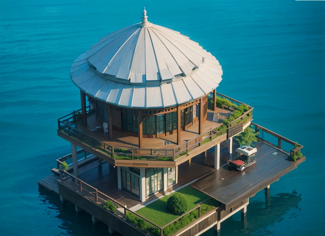 Middle of the lake,There is a small modern pavilion,Modern materials,Metal Material,There is a seating area in the pavilion.,Real material,Ultra-detailed scenes,4K,real picture