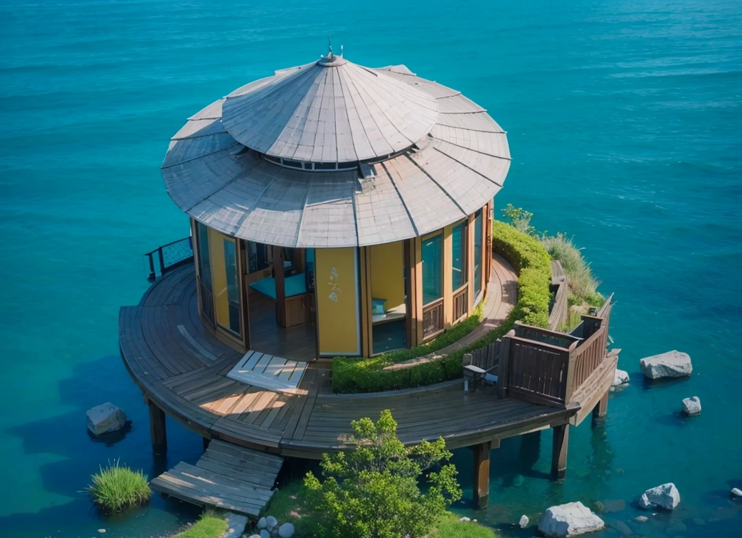 Middle of the lake,There is a small modern pavilion,Modern materials,Metal Material,There is a seating area in the pavilion.,Real material,Ultra-detailed scenes,4K,real picture