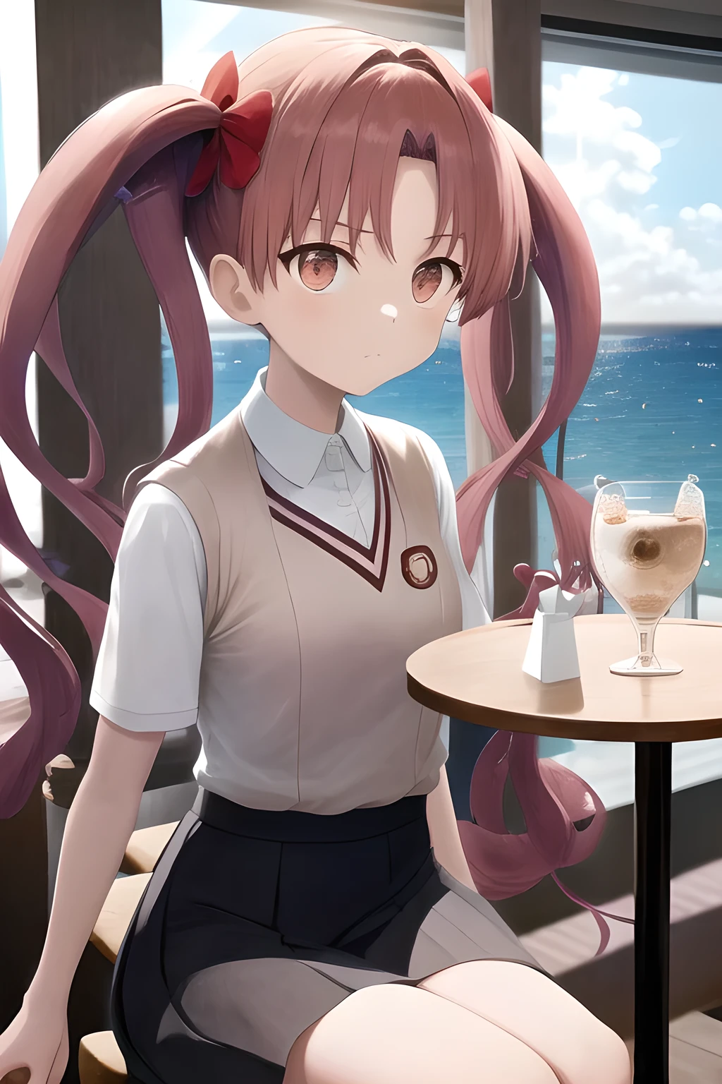 Twin Tails, shirai kuroko, tokiwadai , In a café with a view of the sea, masterpiece, best quality, very aesthetic, absurdres, 