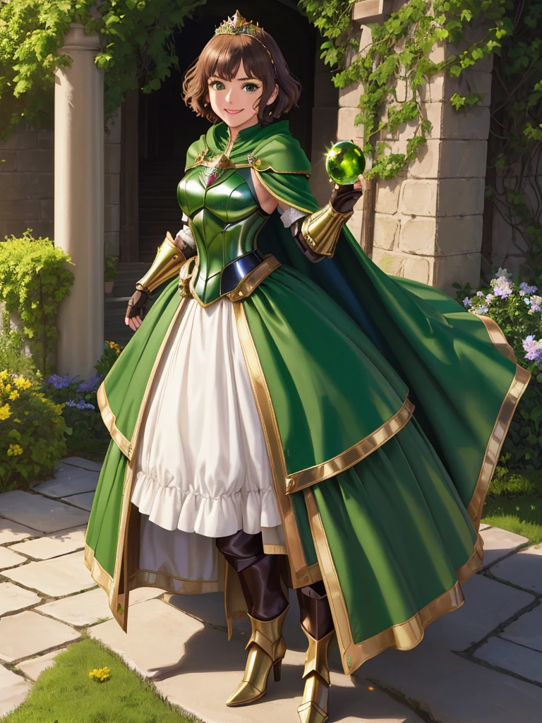 masterpiece, best quality:1.2), 1girl, smile, looking at viewer, green eyes, short brown hair, princess, armor, , pauldrons, armored dress, green cloak cape, wearing puffy blue ballgown skirt, golden tiara with green gem, armored boots, fingerless gloves, standing in medieval garden