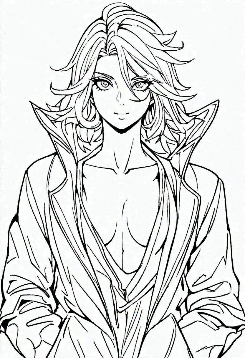 create a 1 girl, body hair, (eye white), roupa akatsuki, ninja, layer, labcoat, high collar, clavicle, Head, plein-air, parte do coque de body hair, body hair, body hair longo, 2d render style, no back ground, line art to color, cool coloring pages, coloring book art, coloring book page style vector lines, 8K