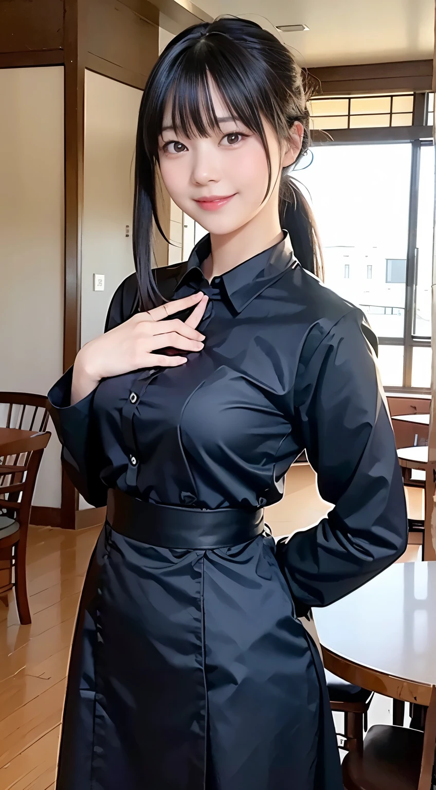 (Highest quality,masterpiece:1.3,Ultra-high resolution,),(Very detailed,Caustics),(Realistic:1.4,RAW shooting,)Ultra-Realistic Capture,Very detailed,High resolution 16k human skin closeup。 Natural skin texture、,pores、、、、It must be detailed enough to be easily identifiable。 Skin tone is even and healthy looking。 Use natural light and color,restaurant,Waitress Uniform,1 girl,Japanese,18-year-old,cute,Black-haired,ponytail,Big Breasts,smile,Turn your body forward,(Front view:1.1),Looking into the camera,Cowboy Shot,