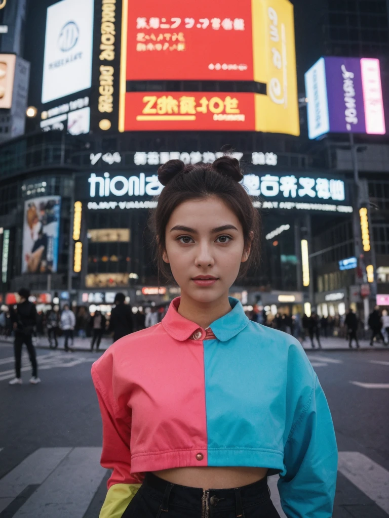 her name is Amelie, high quality, 1girl, ((20-year-old fit Caucasian woman)), ((20 years old)), ((fit)), ((Half-Up Bun dark hair)), pose: Generation-Z poses, wearing stylish fashionable Generation-Z modern wear colored, BACKGROUND:"In Shibuya Crossing, with neon lights illuminating the bustling intersection and towering advertisements."