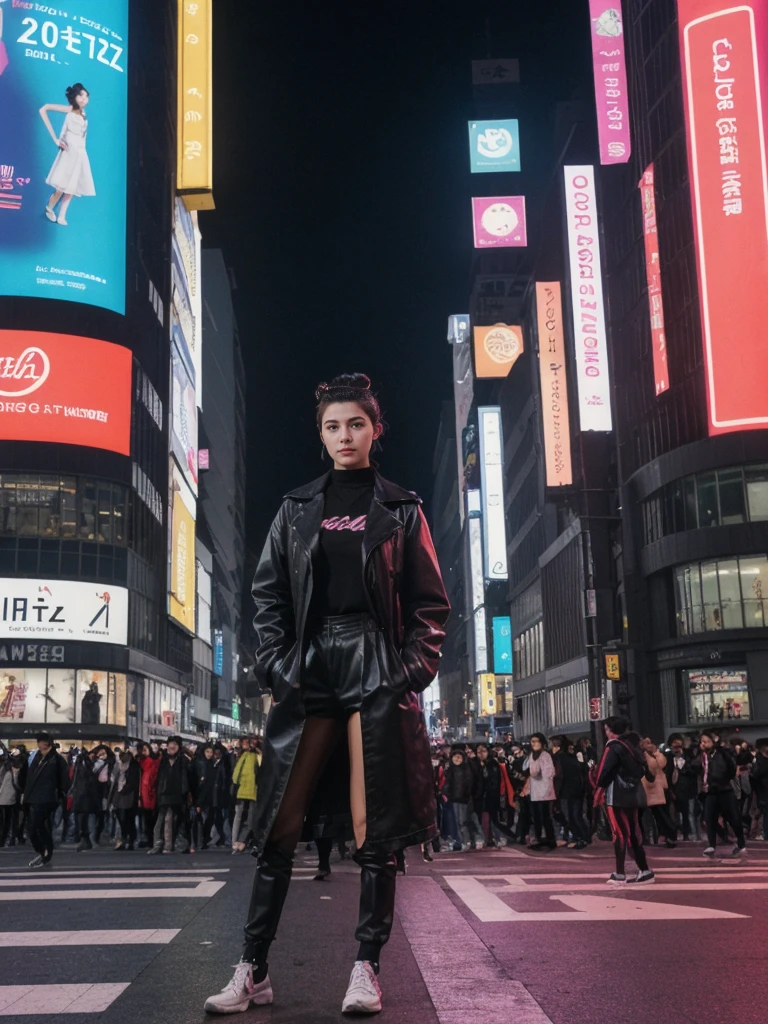 her name is Amelie, high quality, 1girl, ((20-year-old fit Caucasian woman)), ((20 years old)), ((fit)), ((Half-Up Bun dark hair)), pose: Generation-Z poses, wearing stylish fashionable Generation-Z modern wear colored, BACKGROUND:"In Shibuya Crossing, with neon lights illuminating the bustling intersection and towering advertisements."