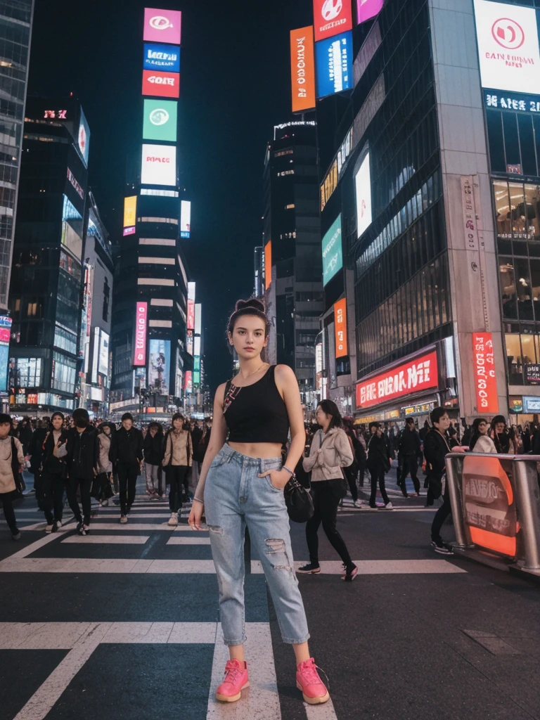 her name is Amelie, high quality, 1girl, ((20-year-old fit Caucasian woman)), ((20 years old)), ((fit)), ((Half-Up Bun dark hair)), pose: Generation-Z poses, wearing stylish fashionable Generation-Z modern wear colored, BACKGROUND:"In Shibuya Crossing, with neon lights illuminating the bustling intersection and towering advertisements."