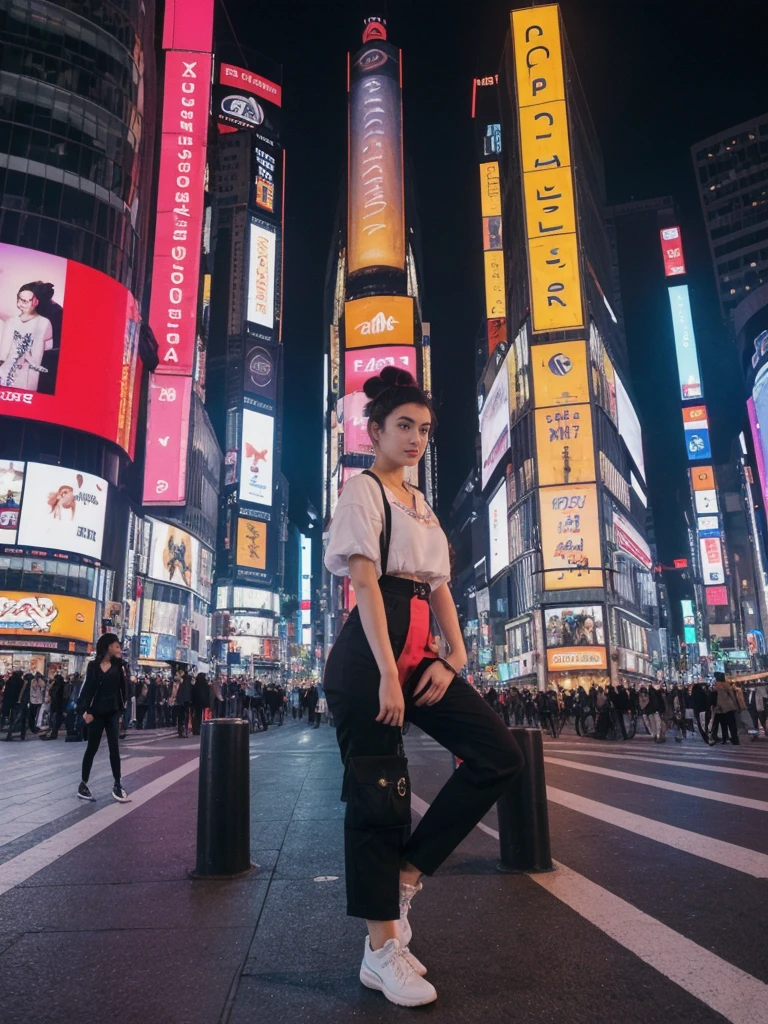 her name is Amelie, high quality, 1girl, ((20-year-old fit Caucasian woman)), ((20 years old)), ((fit)), ((Half-Up Bun dark hair)), pose: Generation-Z poses, wearing stylish fashionable Generation-Z modern wear colored, BACKGROUND:"In Shibuya Crossing, with neon lights illuminating the bustling intersection and towering advertisements."