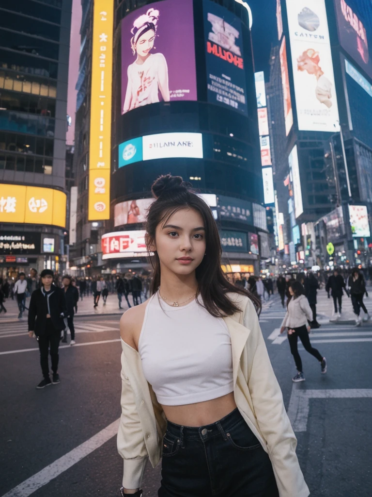 her name is Amelie, high quality, 1girl, ((20-year-old fit Caucasian woman)), ((20 years old)), ((fit)), ((Half-Up Bun dark hair)), pose: Generation-Z poses, wearing stylish fashionable Generation-Z modern wear colored, BACKGROUND:"In Shibuya Crossing, with neon lights illuminating the bustling intersection and towering advertisements."