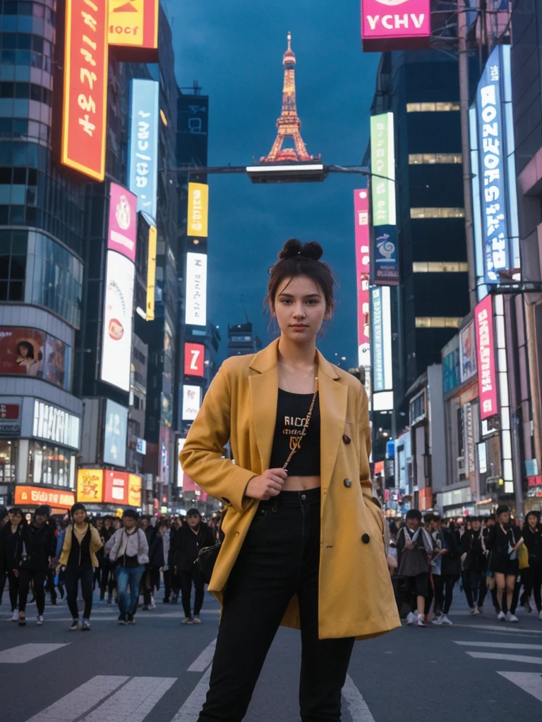 her name is Amelie, high quality, 1girl, ((20-year-old fit Caucasian woman)), ((20 years old)), ((fit)), ((Half-Up Bun dark hair)), pose: Generation-Z poses, wearing stylish fashionable Generation-Z modern wear colored, BACKGROUND:"In Shibuya Crossing, with neon lights illuminating the bustling intersection and towering advertisements."