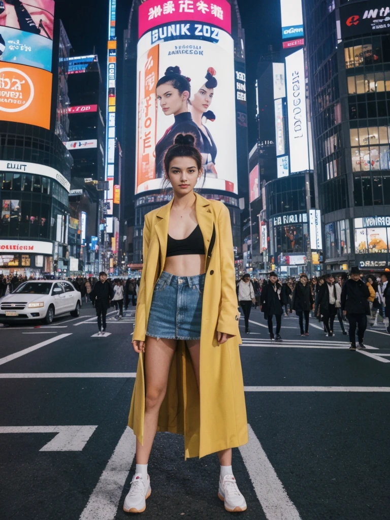 her name is Amelie, high quality, 1girl, ((20-year-old fit Caucasian woman)), ((20 years old)), ((fit)), ((Half-Up Bun dark hair)), pose: Generation-Z poses, wearing stylish fashionable Generation-Z modern wear colored, BACKGROUND:"In Shibuya Crossing, with neon lights illuminating the bustling intersection and towering advertisements."
