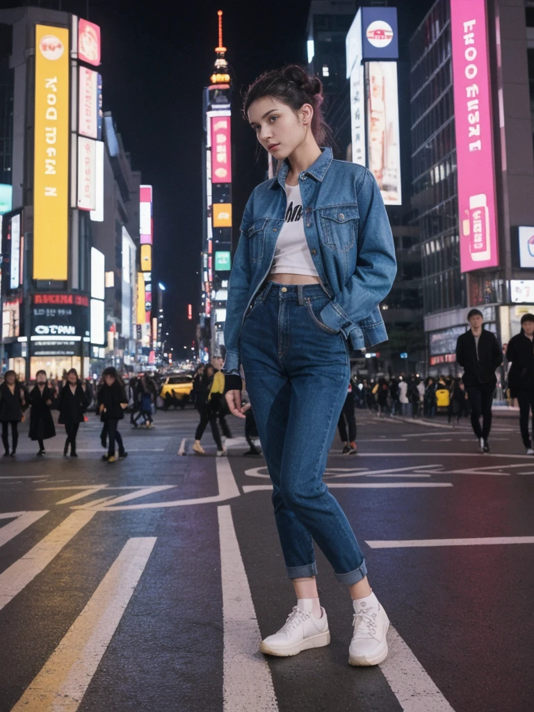 her name is Amelie, high quality, 1girl, ((20-year-old fit Caucasian woman)), ((20 years old)), ((fit)), ((Half-Up Bun dark hair)), pose: Generation-Z poses, wearing stylish fashionable Generation-Z modern wear colored, BACKGROUND:"In Shibuya Crossing, with neon lights illuminating the bustling intersection and towering advertisements."