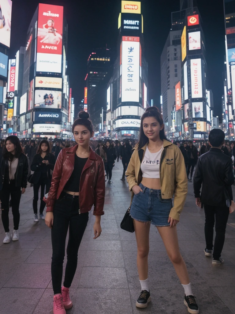 her name is Amelie, high quality, 1girl, ((20-year-old fit Caucasian woman)), ((20 years old)), ((fit)), ((Half-Up Bun dark hair)), pose: Generation-Z poses, wearing stylish fashionable Generation-Z modern wear colored, BACKGROUND:"In Shibuya Crossing, with neon lights illuminating the bustling intersection and towering advertisements."