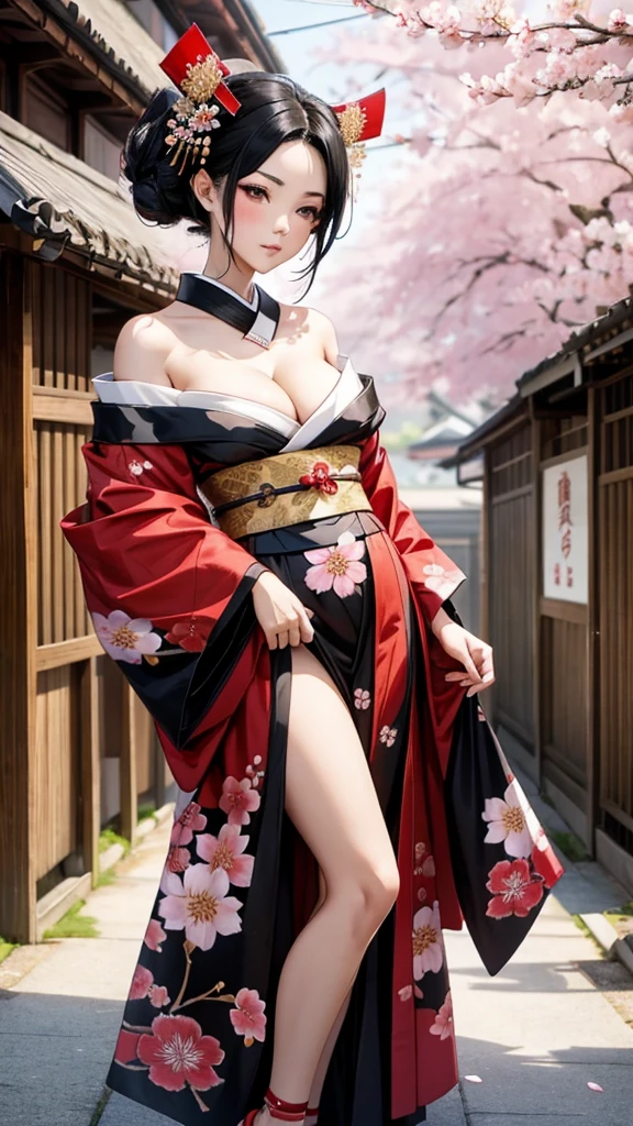 Black hair geisha hairstyle adult women，kimono，Off-shoulder，cleavage，Bare Legs，Japanese Street，Cherry blossoms