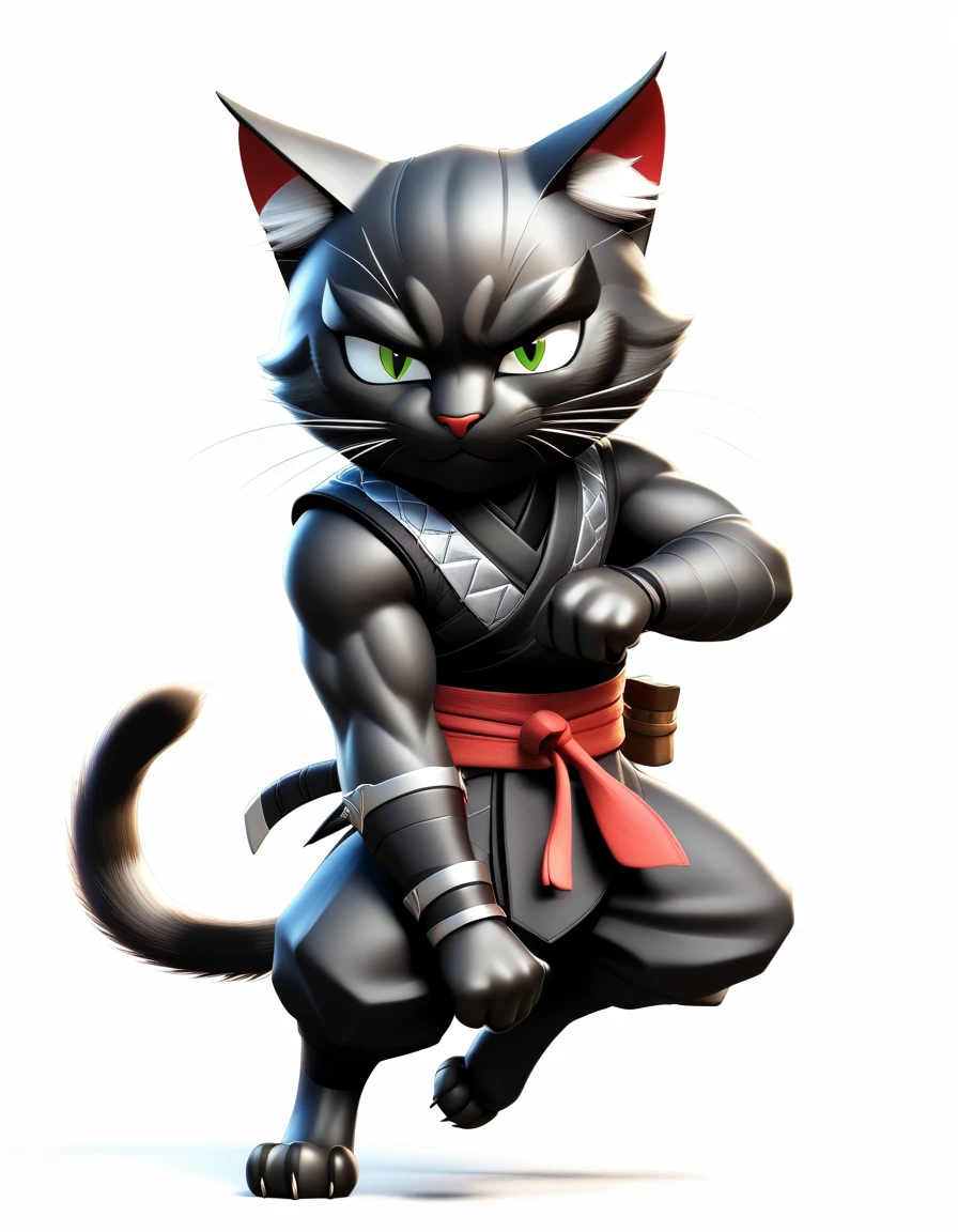 3D style, style of cartoon, Disney Pixar style, paiting digital, White background, different positions, high-quality, best qualityer, Masterpiece artwork, 8K.., cute black cat ninja , in dark theme, angry male black cat in ninja suite, furry, not a human, full cat body, ninja masked