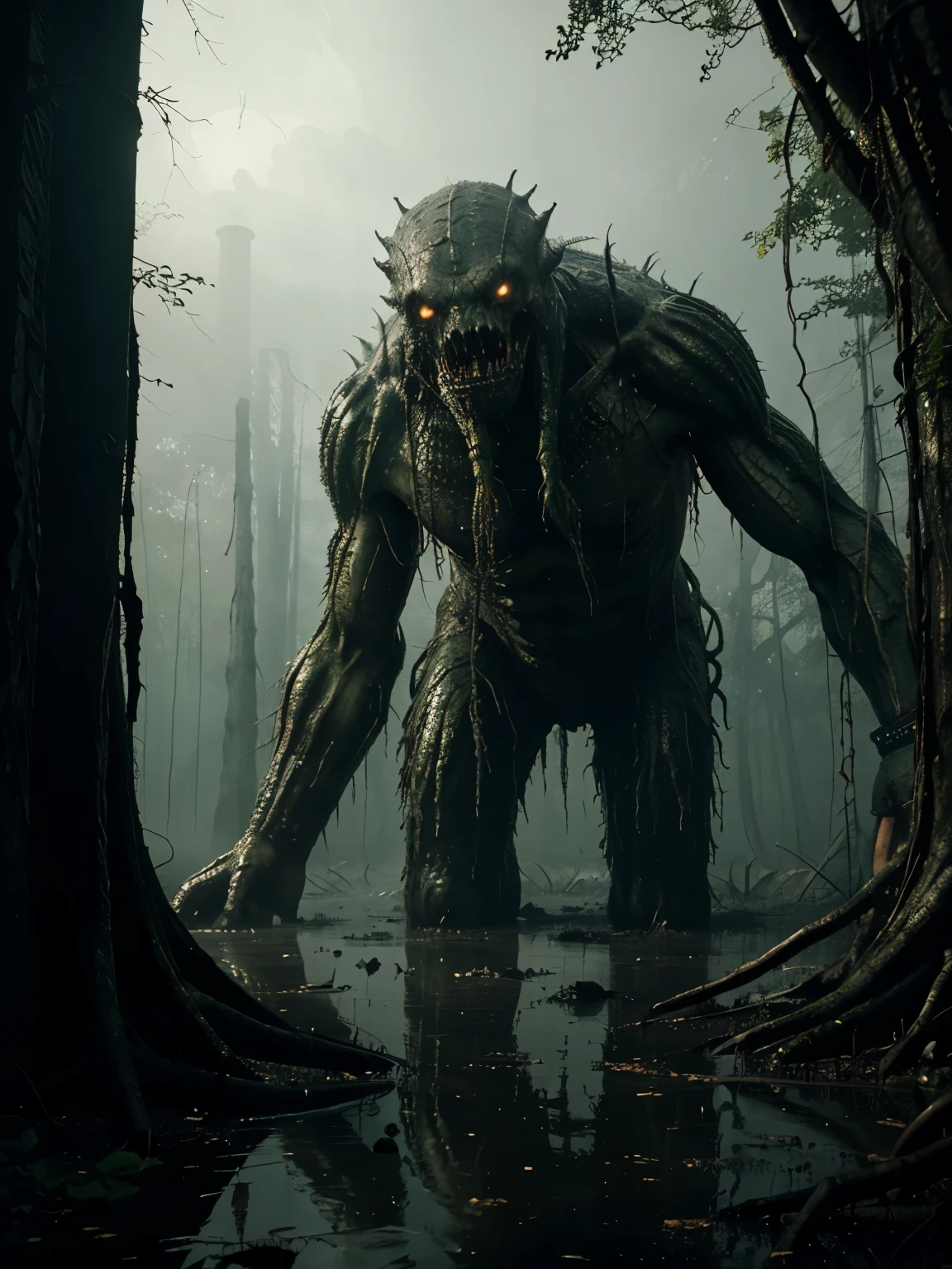 a giant swamp demon crawling out, mist, detailed, intricate roots, horror, wide shot